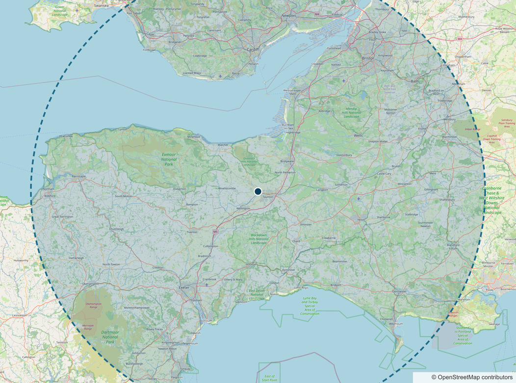 Map of the Wesco Domestic Gas coverage area centred on Taunton, including Bridgwater, Wellington, Tiverton, Minehead and Weston-super-Mare